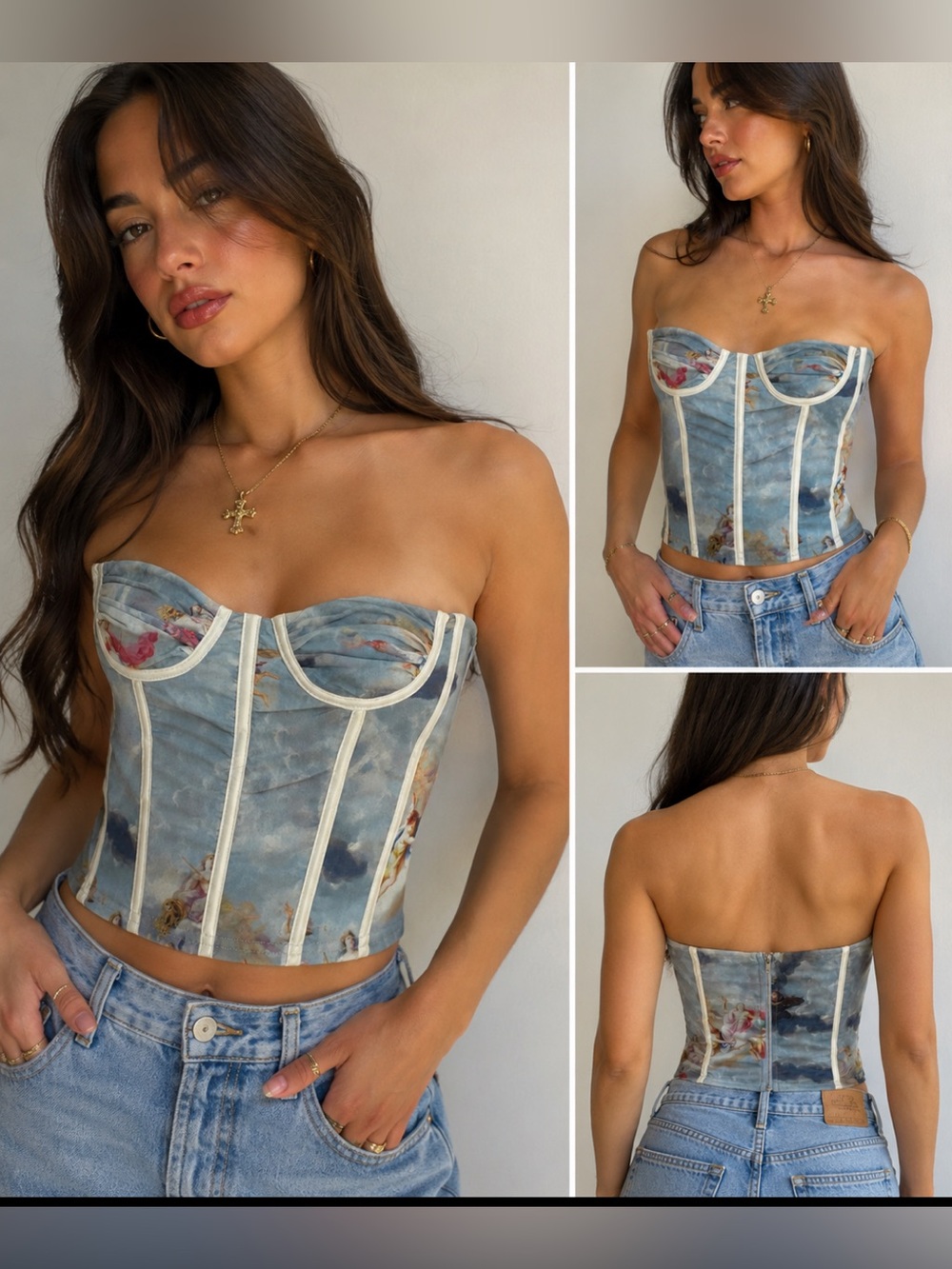 Pretty Garbage Angel Print Mesh Corset  Top Blue Corset Size M